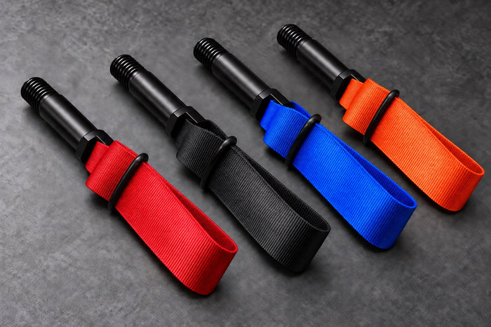 Motorsport-Abschleppschlaufen in Rot, Schwarz, Blau und Orange mit schwarzer Aluminium-Gewindeöse